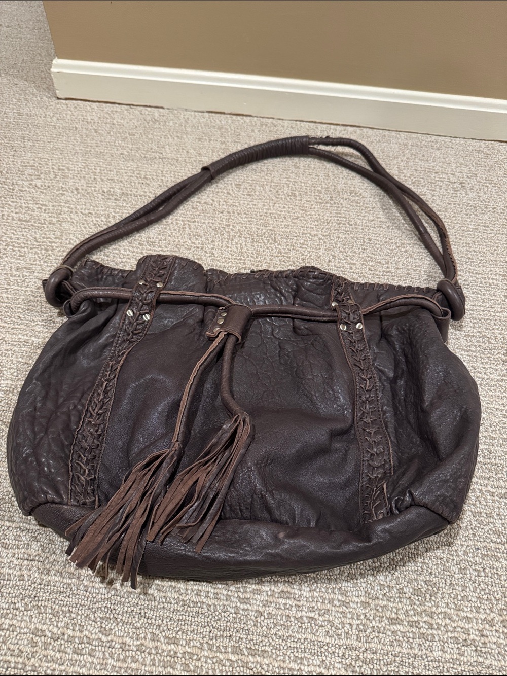 Textured Braided Tassel Shoulder Bag in Dark Brown